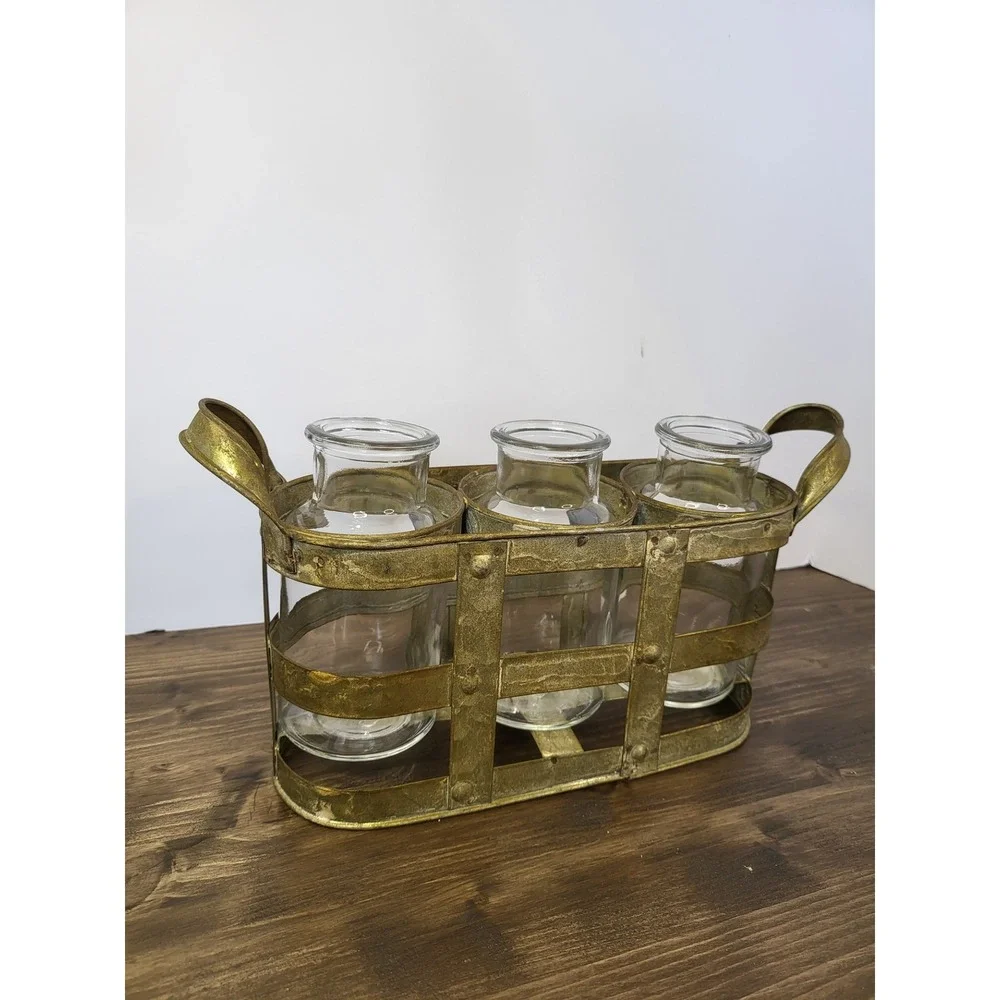 Farmhouse Gold Metal Caddy with 3 Glass Bud Vases Rustic Industrial Decor